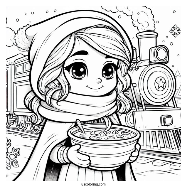 Polar Express Coloring Page Of Pretty Hero Girl Holding A Bowl Of Soup For Kids