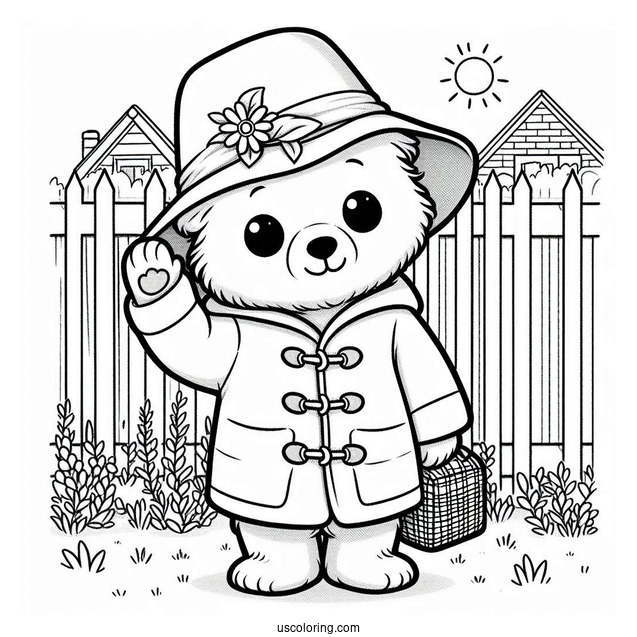 Kawaii Paddington Coloring Page Waving From A Backyard For Kids
