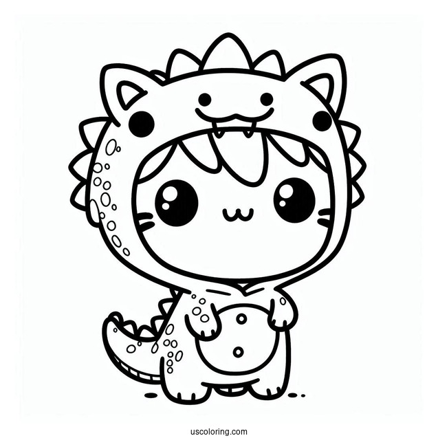 Kawaii Cat In A Dinosaur Onesie Coloring Sheet