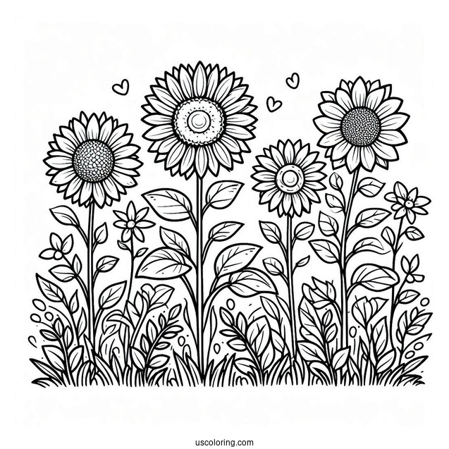 Flower Coloring Pages Of Sunflowers In A Field Under The Sun