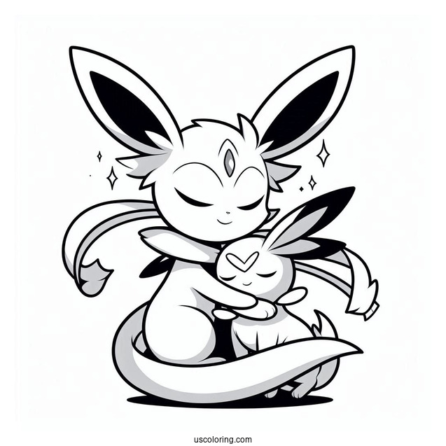 Sylveon Coloring Page Hugging Espeon With Ribbons