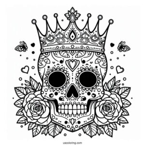 Majestic Sugar Skulls Coloring Page Wearing Crown