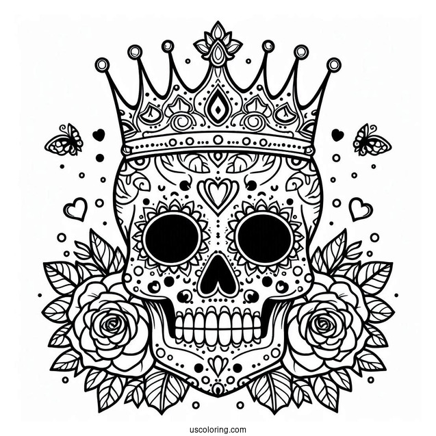 Majestic Sugar Skulls Coloring Page Wearing Crown