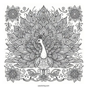 Peacock Coloring Page in Ornamental Mandala Style With Floral Pattern