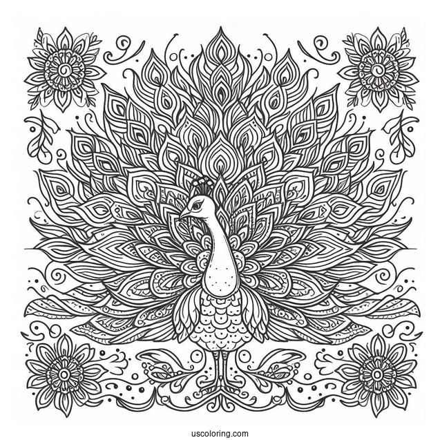 Peacock Coloring Page in Ornamental Mandala Style With Floral Pattern