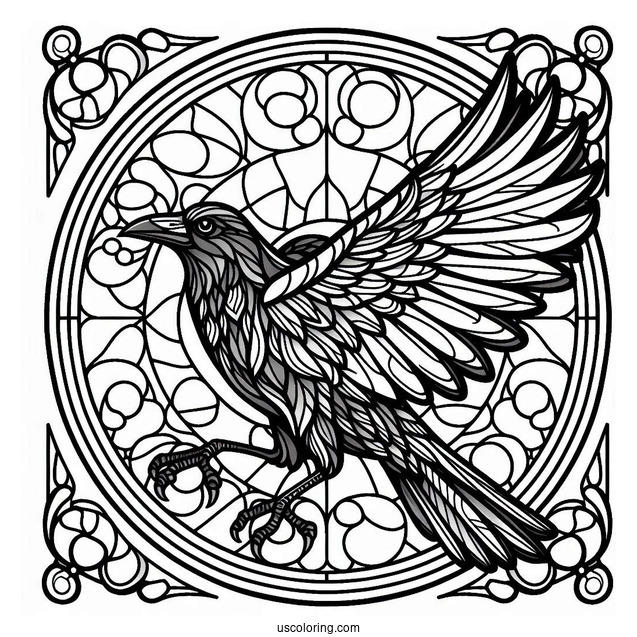 Raven Coloring Page With Stained Glass In The Background