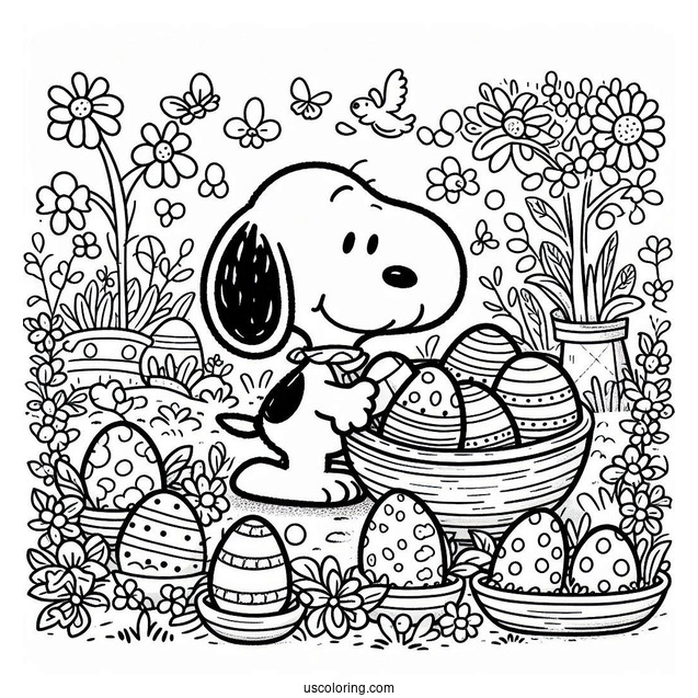 Snoopy Collecting Easter Coloring Page Of Eggs In The Garden