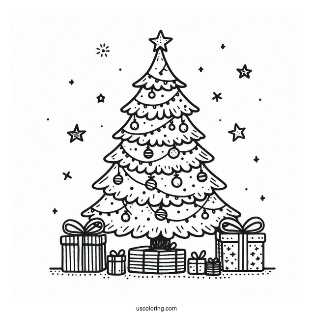 Simple Christmas Tree With Presents Coloring Sheet