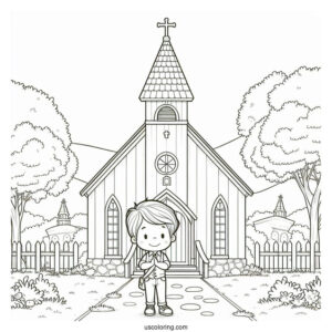 Little Boy Standing In Front Of A Church Coloring Page