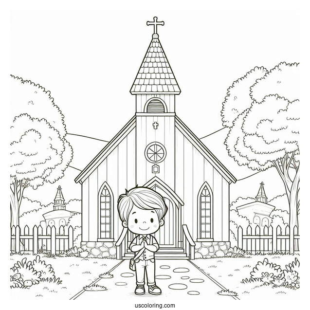 Little Boy Standing In Front Of A Church Coloring Page