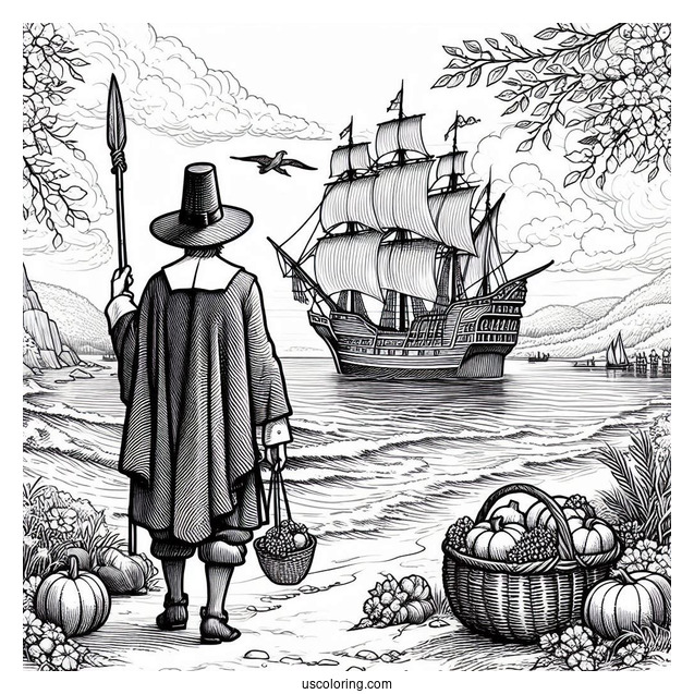 Realistic Pilgrim Coloring Page On The Shore With Ship In The Background