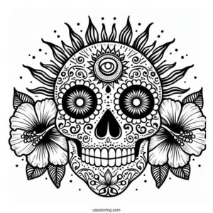 Sun And Hibiscus Patterns On Sugar Skull Eyes Coloring Page