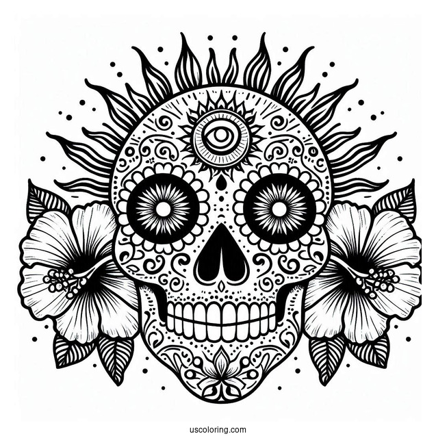 Sun And Hibiscus Patterns On Sugar Skull Eyes Coloring Page