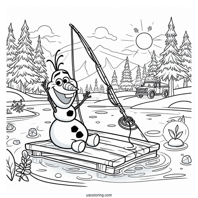 Olaf Fishing On Ice Lake To Color
