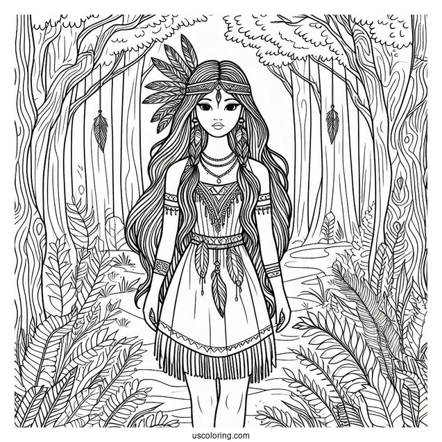 Native American Coloring Page Woman Standing In The Forest