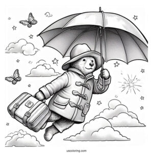 Paddington Coloring Page Flying In The Sky With His Umbrella And Suitcase