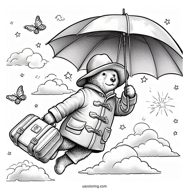 Paddington Coloring Page Flying In The Sky With His Umbrella And Suitcase