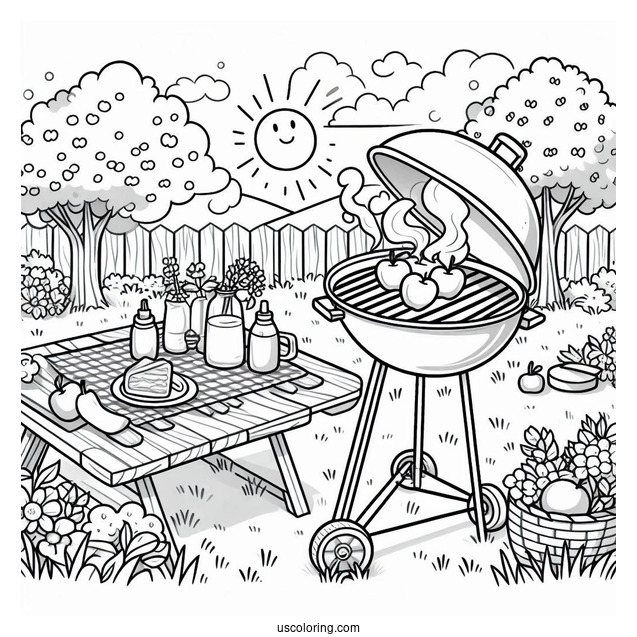 Summer Coloring Page Of Grill In The Backyard With Apples On The Grass