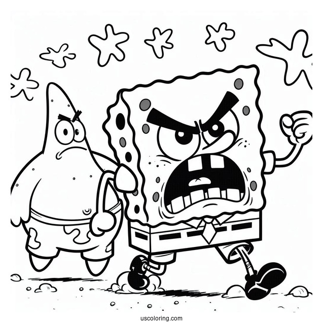 Angry SpongeBob And Patrick Star Coloring Page Marching