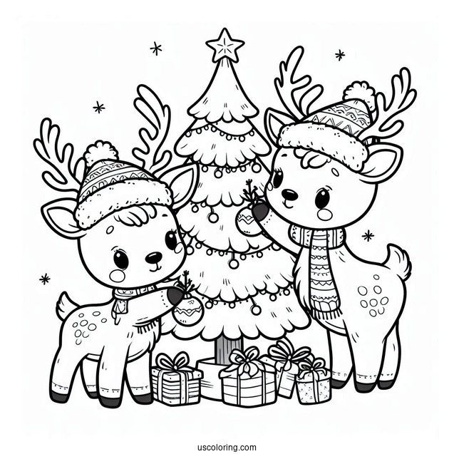 Two Cute Reindeer Decorating Christmas Tree