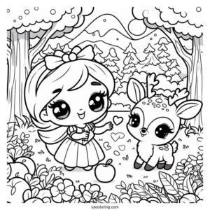 Kawaii Snow White Coloring Pages With Deer In The Forest For Preschoolers