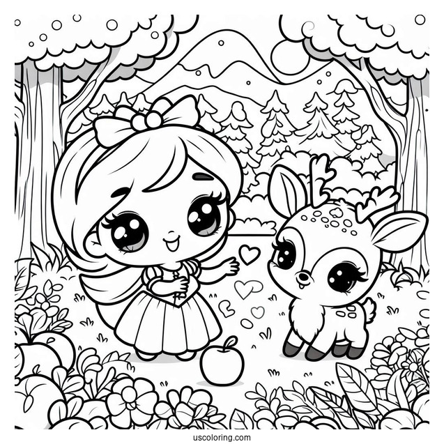 Kawaii Snow White Coloring Pages With Deer In The Forest For Preschoolers