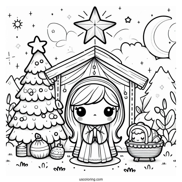 Nativity Coloring Page Of Cute Chibi Nativity With Star And Manger For Preschoolers