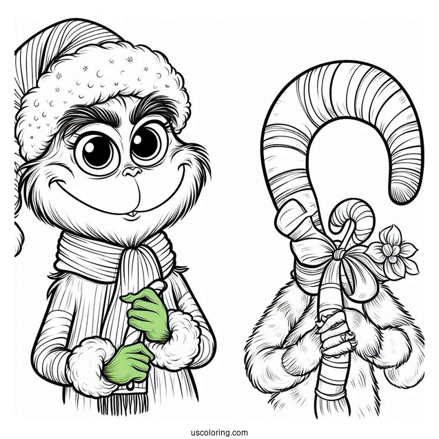 Grinch Holding A Candy Cane Coloring Page On Christmas Day