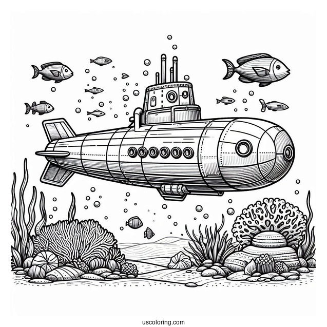 Realistic Deep Sea Submarine Coloring Page With Fish