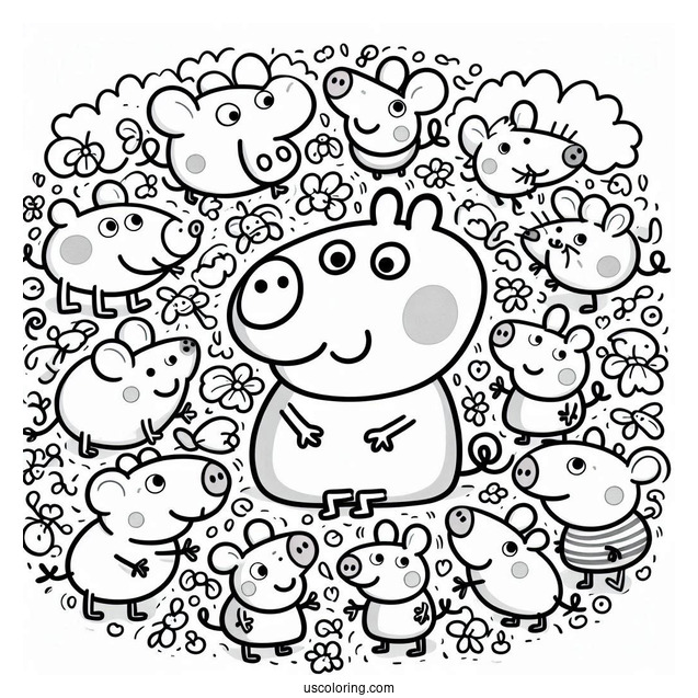 Peppa Pig And Many Mouse Coloring Page