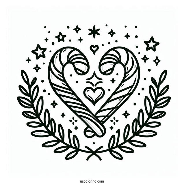 Love Heart Candy Cane Coloring Page With Laurels And Stars