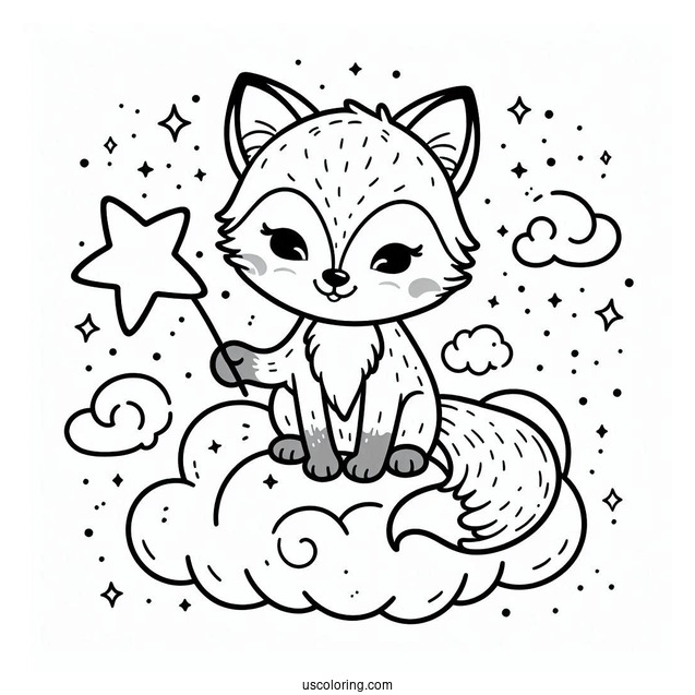 Lovely Fox Coloring Page Holding A Star On A Cloud For Preschoolers