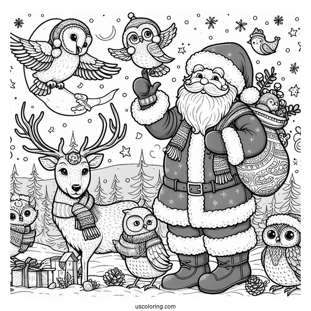 Christmas Coloring Pages For Adults Of Santa Claus Outdoors With Owls, Deer, Birds, And Squirrels