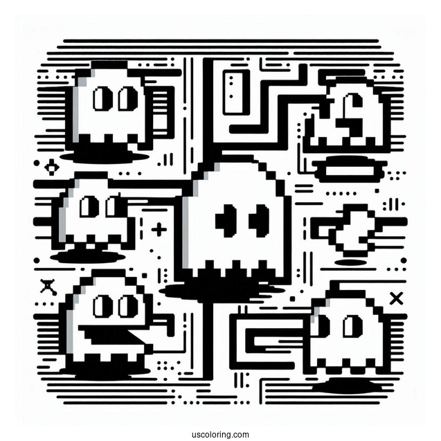 Retro Pixelated Pac-Man Coloring Page Ghosts