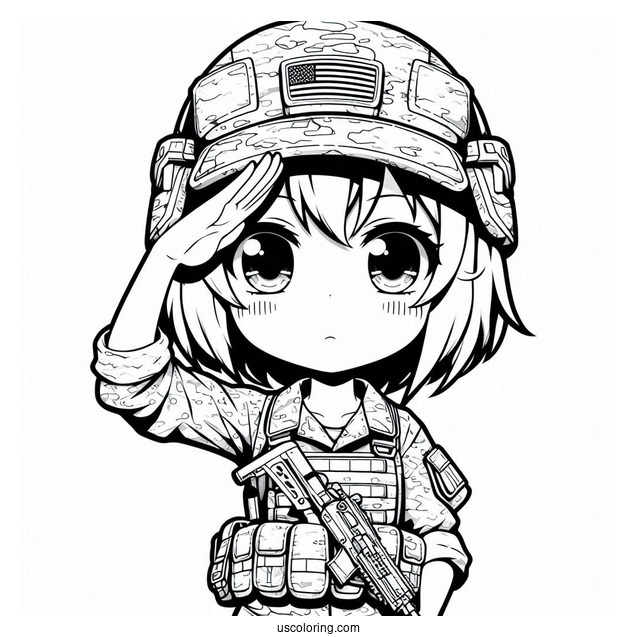 Chibi Female Soldier Coloring Page Saluting In Camouflage Uniform
