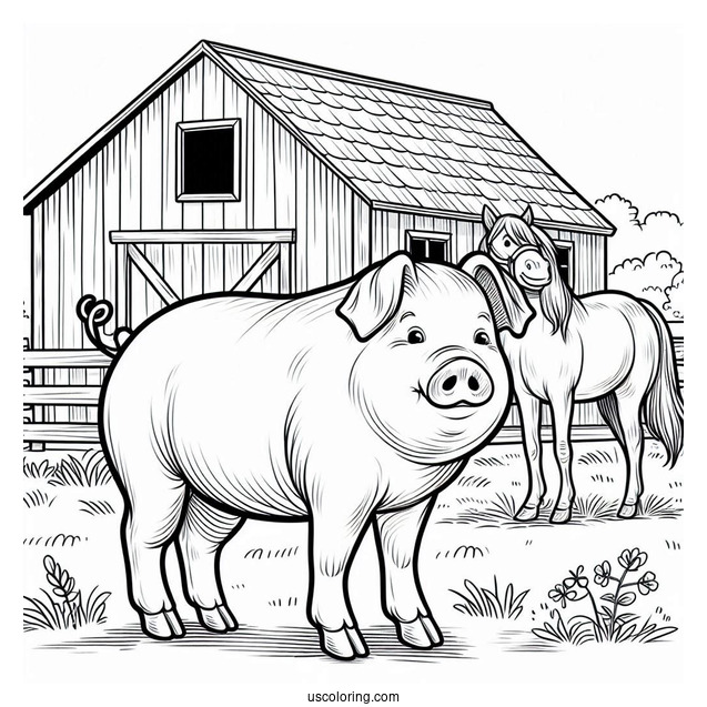 Big Farm Pig With Horse To Color