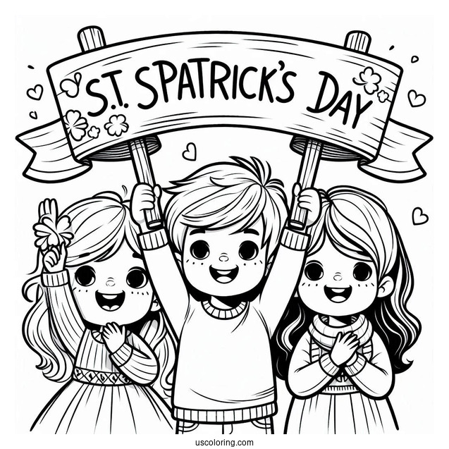 Three Children Holding Up A St. Patrick's Day Coloring Page Banner