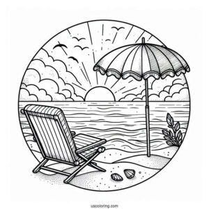 Beach Coloring Page Chair And Umbrella Facing The Sea