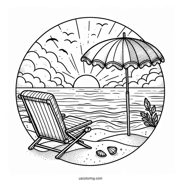 Beach Coloring Page Chair And Umbrella Facing The Sea