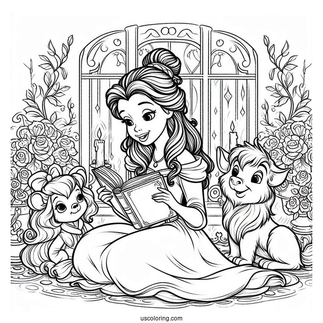 Coloring Page Of Belle Reading To Her Enchanted Friends