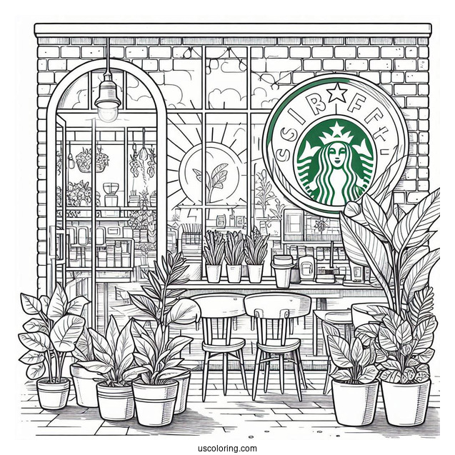 Starbucks Coloring Page Of Cafe With Potted Plants