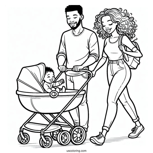 Mother And Father Walking Baby Coloring Page In Stroller