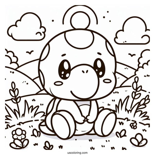 Kawaii Yoshi Sitting In Field Coloring For Kids