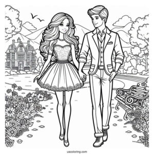 Barbie And Ken Walking In Park To Color
