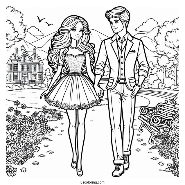 Barbie And Ken Walking In Park To Color