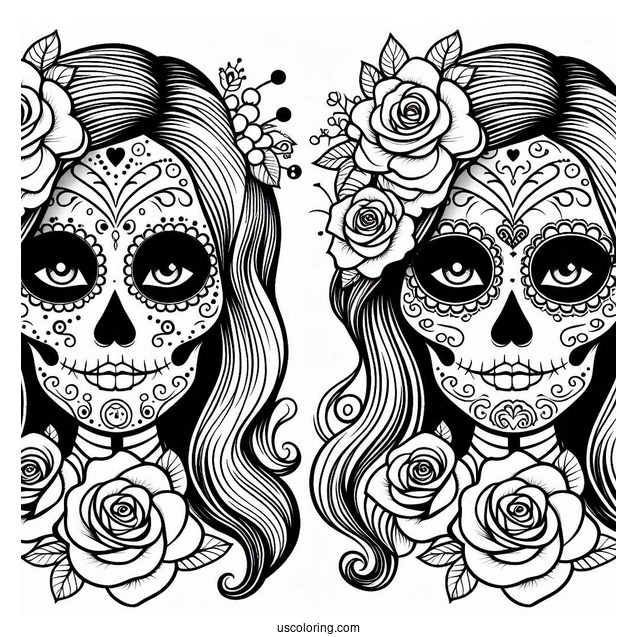 Smiling Female Sugar Skulls Coloring Page With Roses In The Eyes