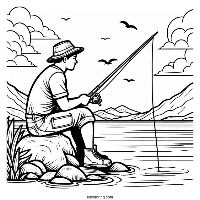 Easy Man Sitting On Rock Fishing Coloring Page