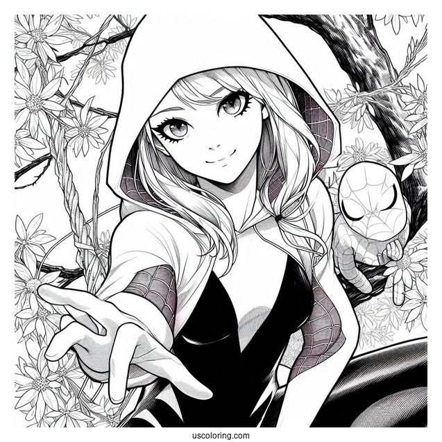 Detailed Spider-Gwen Coloring Page Holding Spider Gwen In Mid Air