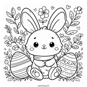 Cute Easter Bunny Coloring Page Surrounded By Eggs