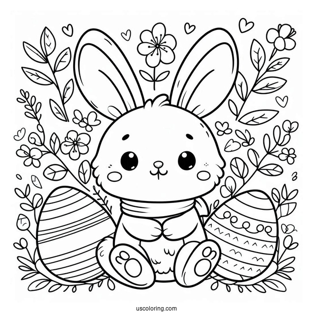 Cute Easter Bunny Coloring Page Surrounded By Eggs